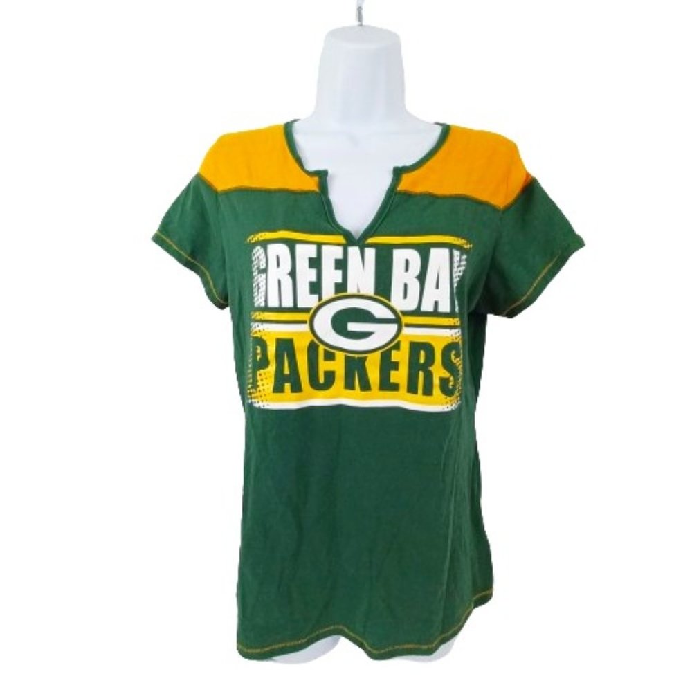 Green Bay Packers Tee Shirt Jersey  Women's L Green & Yellow Short Sleeve V Neck